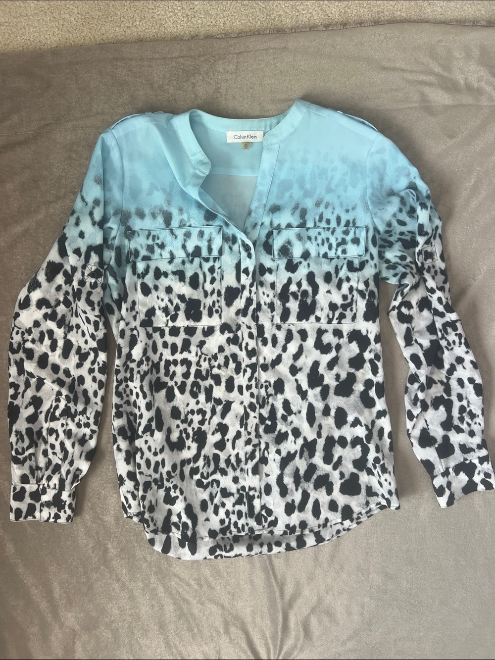 Calvin Klein Aqua Blue Ombre Leopard Print Button-Down Shirt